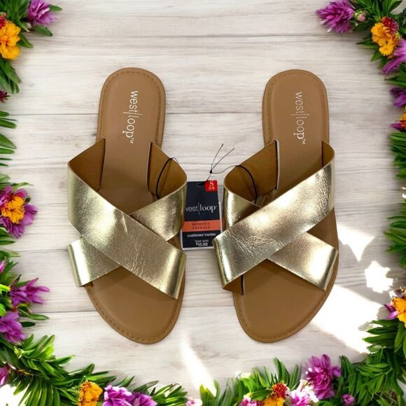 WOMEN'S SMALL (5/6) Metallic Gold Casual Flat Crossover Slide Sandals Cushioned - Picture 14 of 14